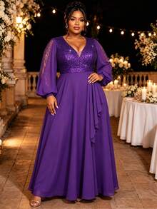 AOMEI Robe de Soirée Élégante Grande Taille Violette en Mousseline Maxi Col V Profond Paillettes Transparente Manches Lanternes Longues Volants Devant Coupe A-Line Robe de Mariée Invité - Violet - Voir 5