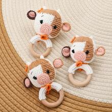 1PC Crochet Cow Wooden Teething Ring Rattle, Knit Farm Animal Baby Hand Sound Toy - Mocha Brown - View 1
