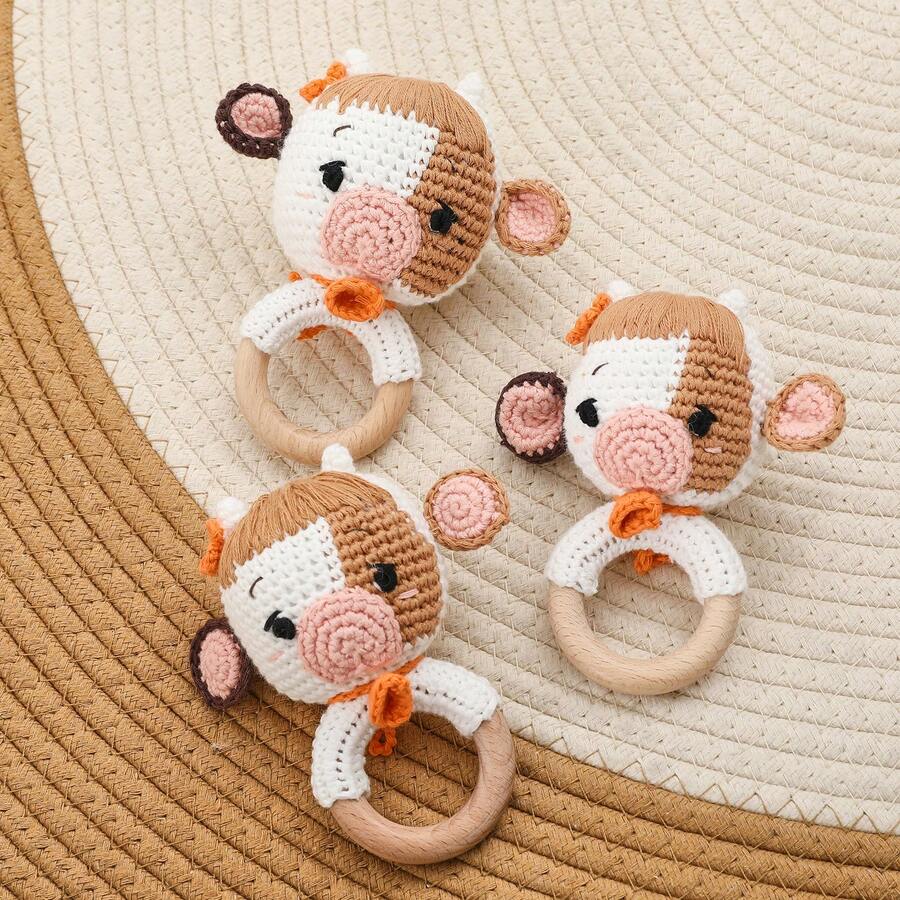 1PC Crochet Cow Wooden Teething Ring Rattle, Knit Farm Animal Baby Hand Sound Toy - Mocha Brown - View 1