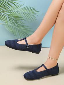Hollow Mesh Breathable Women's Shoes, Retro Commute Lightweight Flat Shoes - Dark Blue - View 5