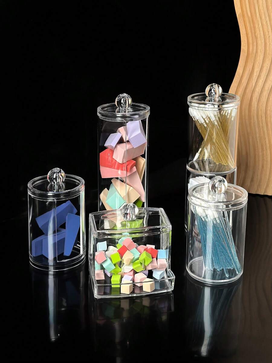1pc Single/Double Layer Cylindrical/Square Storage Can, Desktop Organizer For Beauty And Nail Tools, Cotton Swabs, Cotton Pads, Jewelry And Small Accessories, Cosmetic Storage Tool, Back To School Essential - Clear - View 1
