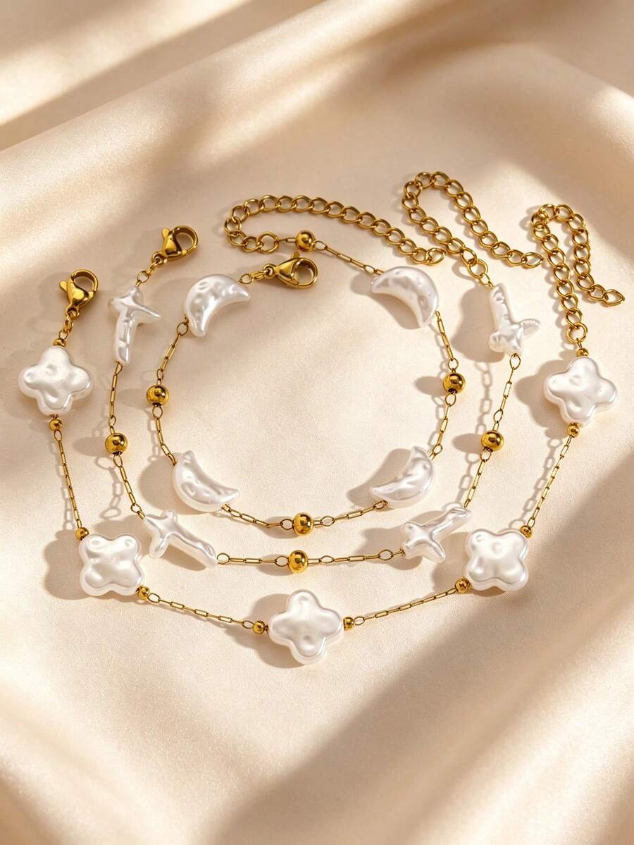 Women's Faux Pearl Bracelet, Plated Chain Bracelet With Moon, Cross ...