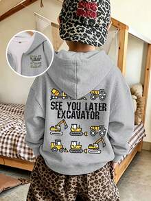 Boys Light Gray Zip-Up Hooded Coat, Construction Vehicle Cartoon "See You Later Excavator" Back Print Casual Jacket - Grey - View 1