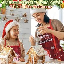 4Pcs Vintage Red Base Christmas Element Halter Apron For Home Kitchen Use Holiday Scene Photo - Multicolor - View 3