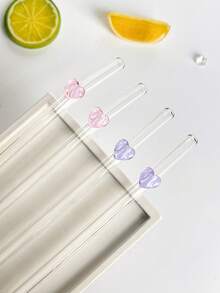 2/4pcs Pink/Purple Heart-Shaped Glass Drinking Straws, Reusable Curved Thick Transparent Glass Straw Set For Water Cups, Kitchen Accessories, Straw Decorative Caps, Cold Drinks, Milk Tea, Coffee, Bar, Home, Restaurant, Holiday, Summer - View 6