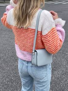 Just Masa Women's Fall Casual Colorblock Stripe Sweater,Long Sleeve Frill Trim Cuff Round Neck Rib-Knit Pullover,For Daily Wear,Going Out,Commute - Colorful Stripes - View 8