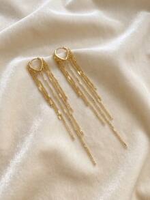 1 Pasang Anting-Anting Minimalis Fashion Panjang Rumbai Emas Elegan - Emas - View 3
