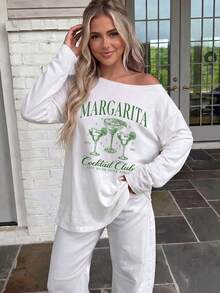 Women's White Off-Shoulder Long Sleeve Knit Top, Printed With Margarita Cocktail Club Pattern, Regular Fit, Slightly Elastic Fabric - White - View 3