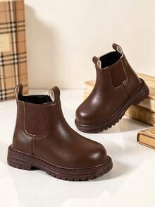 1 Pair Boys' Short Chelsea Boots, Soft PU + Elastic Fabric Material, Round Toe, Elastic Soft Sole, Inner Zipper Design, Minimalist British Style, Suitable For Daily Wear, School, Festivals, Parties, Autumn/Winter New - Coffee Brown - View 4