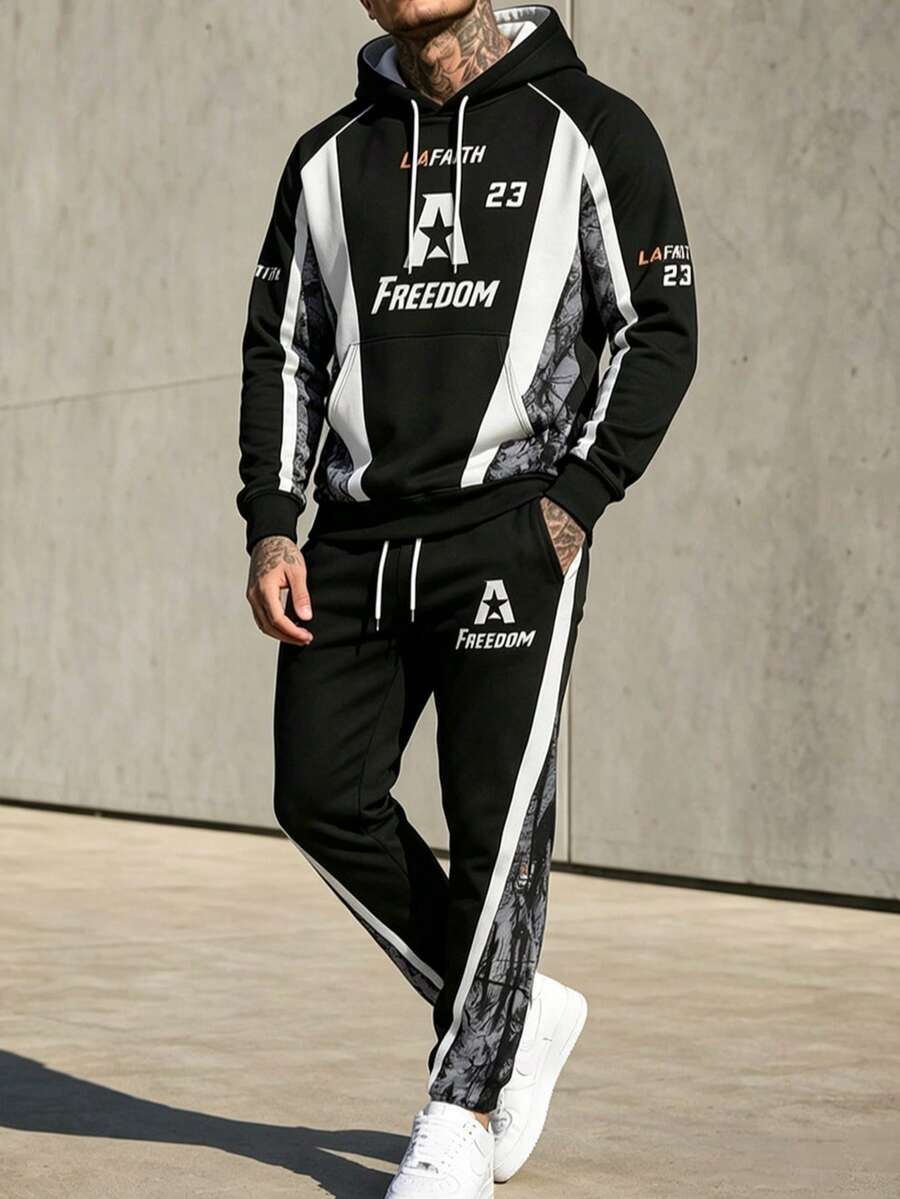 Men's Autumn/Winter Casual Comfortable Colorblock Palm Tree Hooded Sweatshirt & Pants Set - Multicolor - View 1