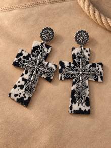 1 Pair Vintage Bohemian PU Leather Leopard Print, Cow Print, Cross Design Earrings, Western Cowboy Earrings With Turquoise, Horseshoe, Zebra Pattern (Leopard Print Size And Placement May Vary Slightly Each Pair) - Multicolor - View 4