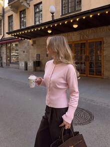 Elegant Intellectual Solid Color Button-Up Cardigan For Women, Suitable For Holiday, Travel, Date, Autumn/Winter - Pink - View 3