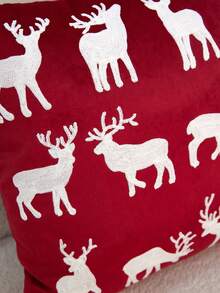 1pc Christmas Red Reindeer Embroidered Pillow Case, Suitable For Indoor Decoration, Christmas Decoration, All Season Pillow Case, Without Insert - Red - View 5