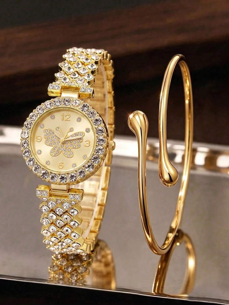 2件組女款石英手錶手鍊珠寶套裝，金色合金錶帶，時尚奢華水鑽蝴蝶錶盤，適合日常配戴、裝飾、婚禮季、情人節、感恩節及各種節日禮物 - 金色 - 查看 1