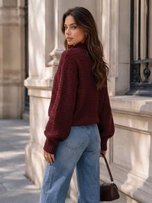 Women Autumn Mock Neck Ruffle Knit Sweater Long Sleeve Red Loose Pullover Knit Tops Fashion Daily Holiday Outfits Fall Clothes - Red - View 2