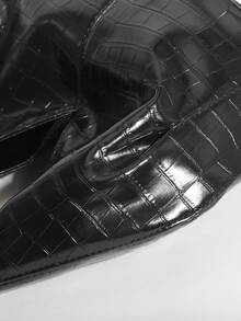 1pc Black Stone Pattern Embossed PU Ruffled Design Vintage Metal Hardware Handbag, Exquisite Fashion Zipper Bucket Bag, Suitable For Commuting And Shopping - Black - View 6