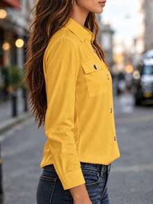 New Arrival All Season Fashion Women's Long Sleeve Button-Up Shirt With Faux Pockets - Yellow - View 3