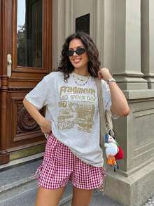 Retro American Street Collage Style Graphic Women Short Sleeve T-Shirt, Casual Loose Fit, Summer - Light Grey - View 7