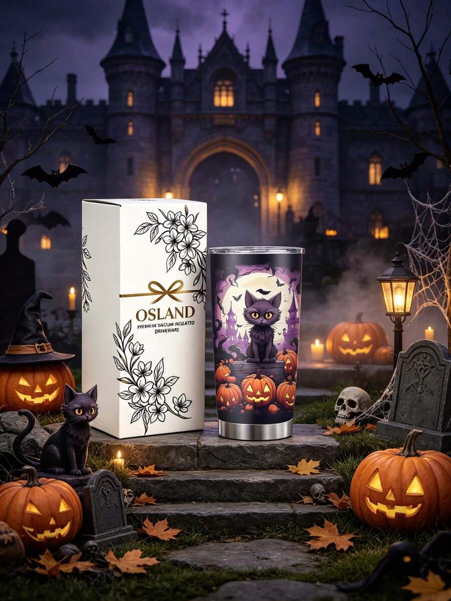 1pc/5pcs 20oz Halloween Theme Purple Black Cat Insulated Coffee Mug ...