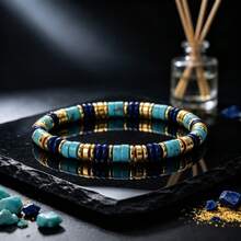 Vòng tay co giãn hạt đĩa đá ngọc lam tự nhiên & đá lapis lazuli, vòng tay phong cách Bohemian thu hút tài lộc có thể đeo chồng, trang sức nam thời trang hằng ngày đa năng làm quà tặng - Nhiều màu - Xem 4