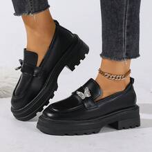 New Women's Thick Sole Loafers With Rhinestone Butterfly Decor, Round Toe Glossy Finish, British Academy Style Platform Slip-On Commuter Versatile Shoes - Black - View 1