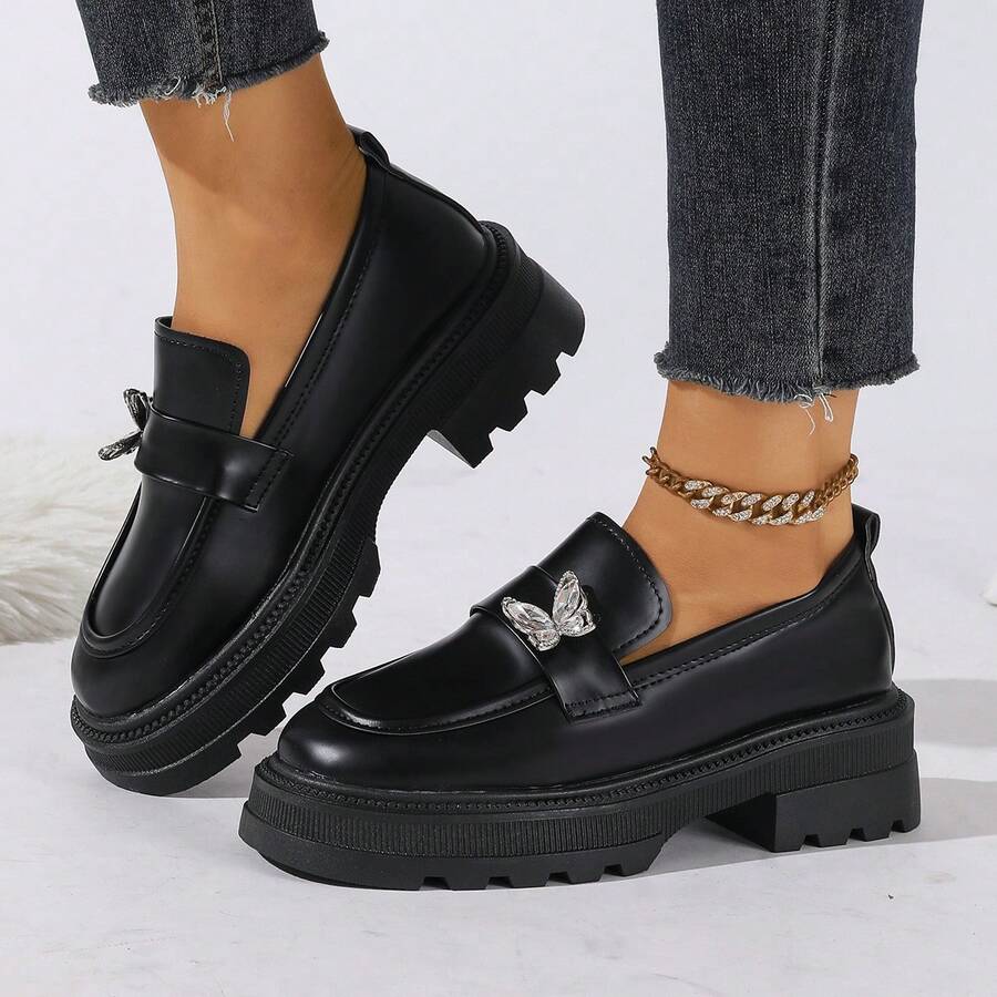 New Women's Thick Sole Loafers With Rhinestone Butterfly Decor, Round Toe Glossy Finish, British Academy Style Platform Slip-On Commuter Versatile Shoes - Black - View 1