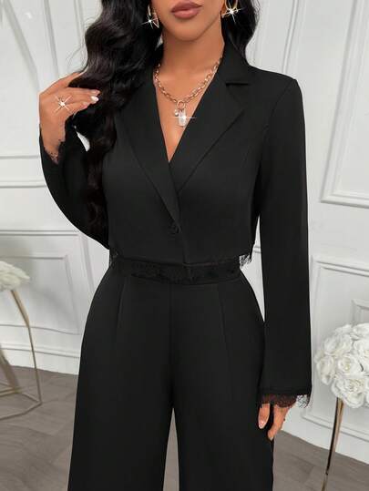 AIJ Women's Short Blazer, Lapel Single-Button Long Sleeve, Lace Trim Cuffs And Hem, Slim Fit Suit Jacket, Elegant Black Blazer, Suitable For Autumn Office, Business, Evening Party And Formal Meeting Wear, Halloween Women's Clothing