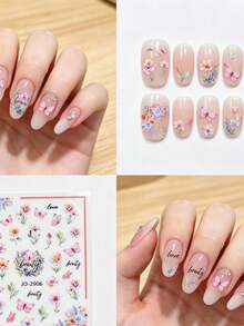 1片/2片 秋冬聖誕水彩花卉蝴蝶圖案，裝飾有「Beauty」與「Love」英文文字，清新優雅花卉設計，5D浮雕紋理，美甲沙龍同款百搭美甲裝飾 - 彩色 - 查看 4