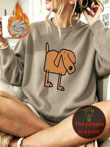 Pull décontracté grande taille pour femme à col ras-du-cou en fausse maille avec imprimé graphique de chiot – Un Top élégant et polyvalent pour l'automne/hiver, l'extérieur et le port quotidien - Camel - Voir 5