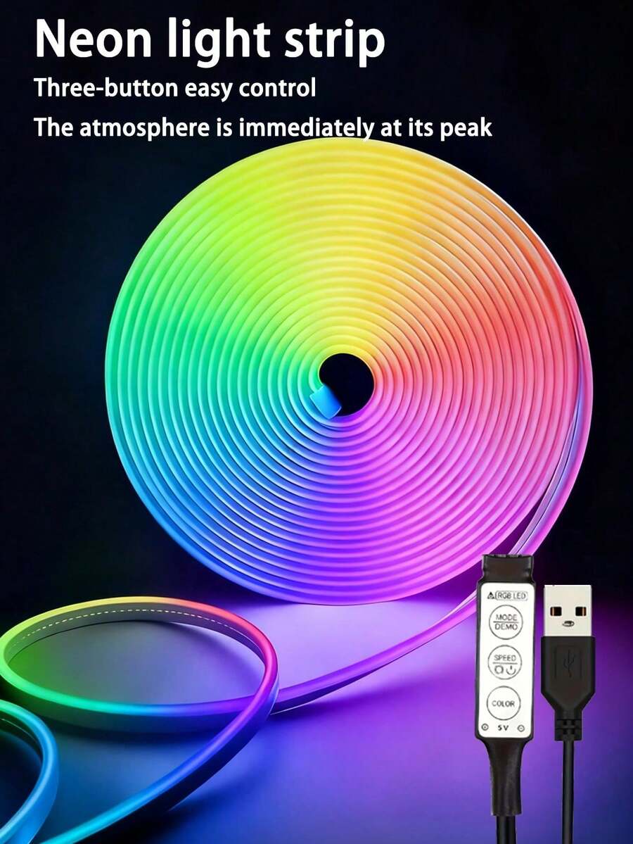RGB Neon Light Strip, USB Interface, 5V, 3-Button Switch, Adjustable Brightness, Controllable Multicolor Lighting, Perfect For Easter, Party Atmosphere Lighting And Holiday Decoration, Holiday Decoration | Flexible Neon Light