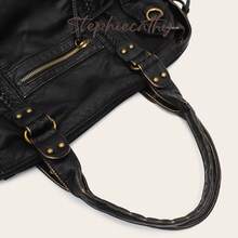 STEPHIECATHY Unisex Retro Casual Chic Street Style Washed PU Leather Tote Bag, Zipper Closure, Multi-Functional Pockets, - Black - View 2