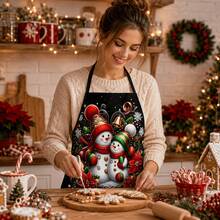 1Pc Black Background Cartoon Snowman Bell Poinsettia Halter Apron For Family Dinner Kitchen Cooking Photo Decor - Multicolor - View 4