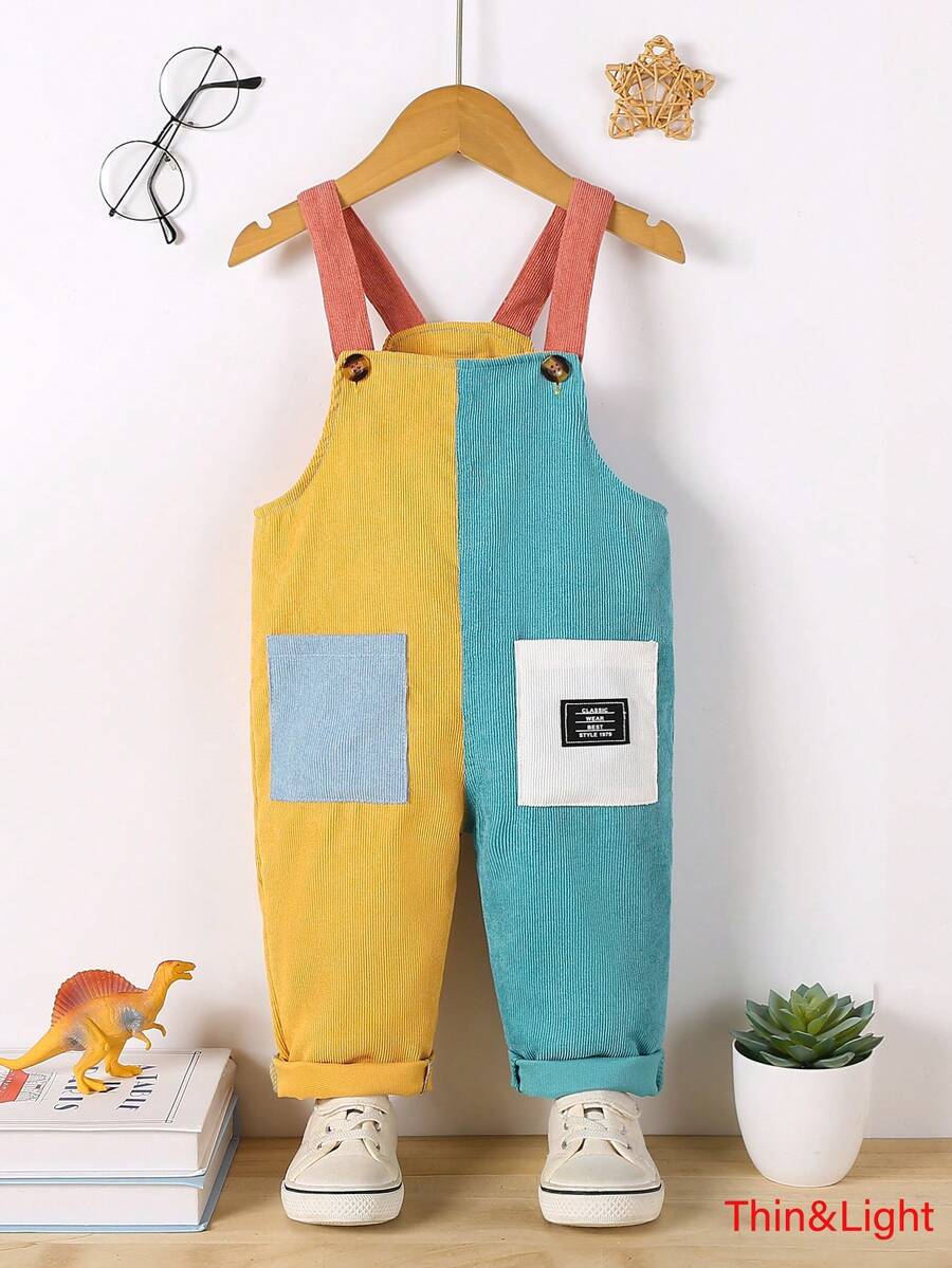 1pc Toddler Boys' Patchwork Color Block Soft Corduroy Bib Pants, Casual All-Match Comfortable Outfit, Suitable For Spring/Summer Wear Or Layering - Multicolor - View 1