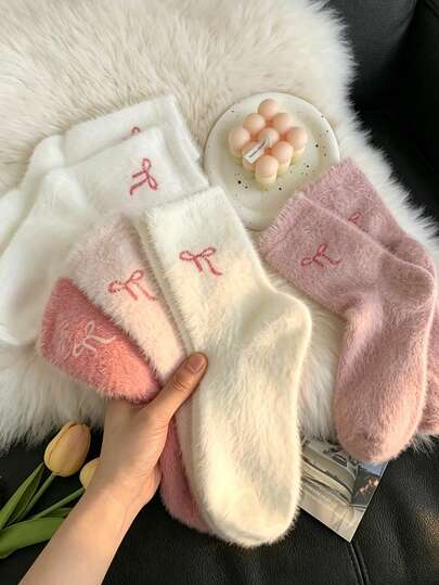 1/5/10 Pairs Women'S Winter Socks Sweet Mid Calf Socks With Faux Bows; Thick, Warm Sleep Socks