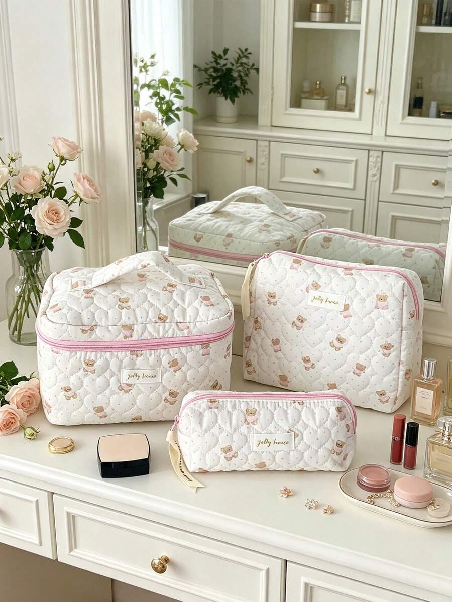 1pc Kawaii Quilted Cosmetics Bag Large Makeup Handbag Heart Pattern Beauty Pouch Portable Brushes Holder Pencil Case Lightweight Travel Toiletry Bags - Baby Pink - View 1