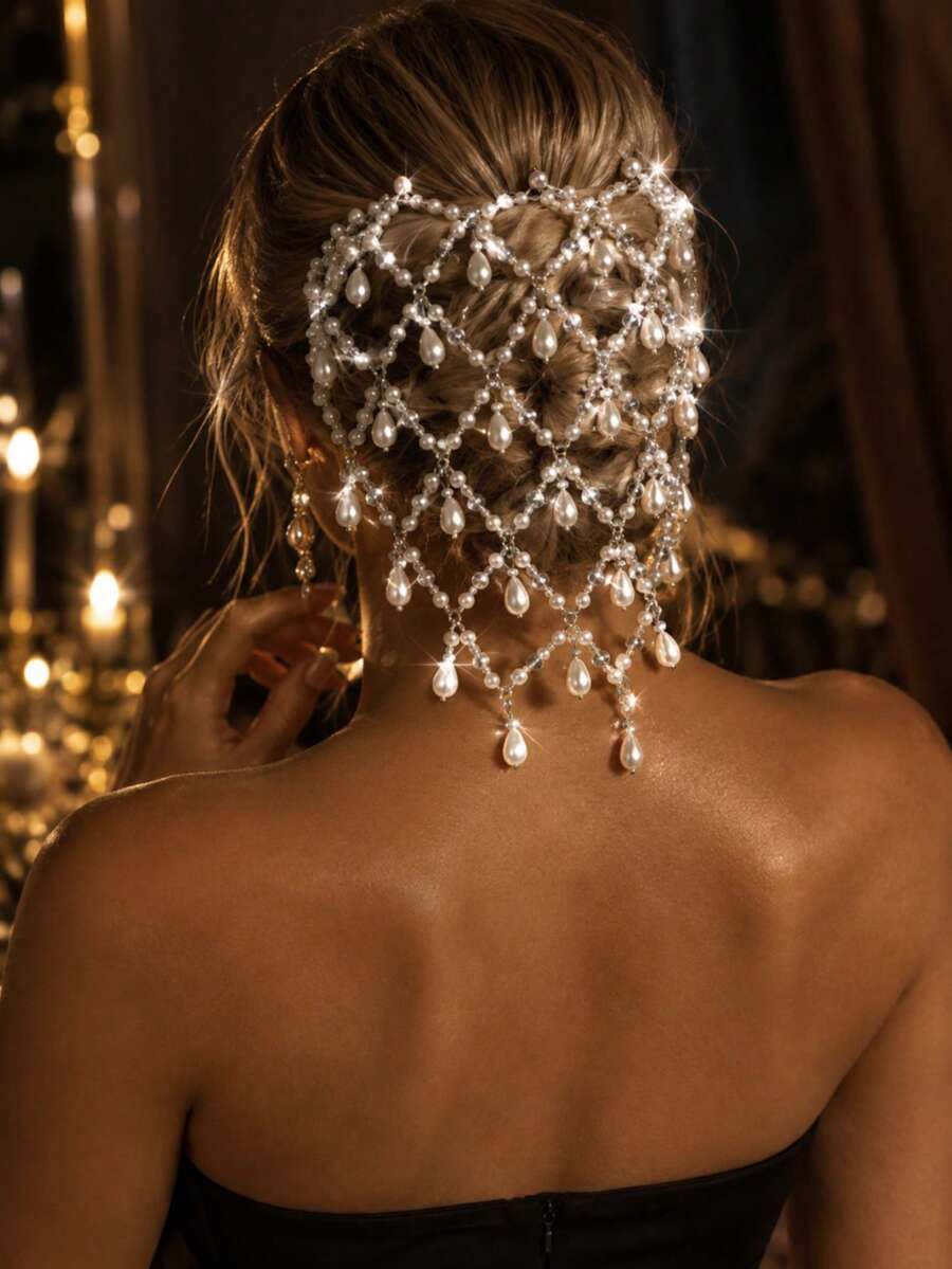 Bohemian Fashion Hollow Mesh Pearl Pendant Head Chain, Bridal Wedding Women's Shiny Jewelry Accessory,Headpiece - Silver - View 1