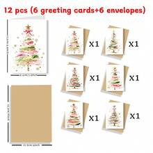 12Pcs Foldable Christmas Greeting Cards With Envelopes,6 Styles Watercolor Pink Gold Xmas Tree Folded Merry Christmas Blank Holiday Note Cards - Multicolor - View 11