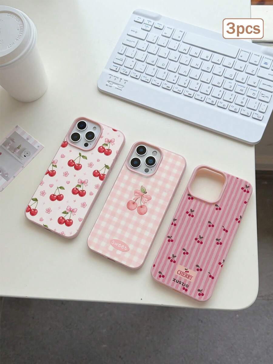 3pcs Cherry Print TPU Shockproof Full Coverage Protective Case Compatible With Apple 11/12/13/14/15/16/16Pro/16ProMax/17/17pro/17ProMax/18pro 18ProMax - Multicolor - View 1