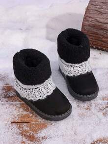 1 Pair Winter Girls Ankle Boots, Plush Lace Soft Sole Children's Shoes - Black - View 1