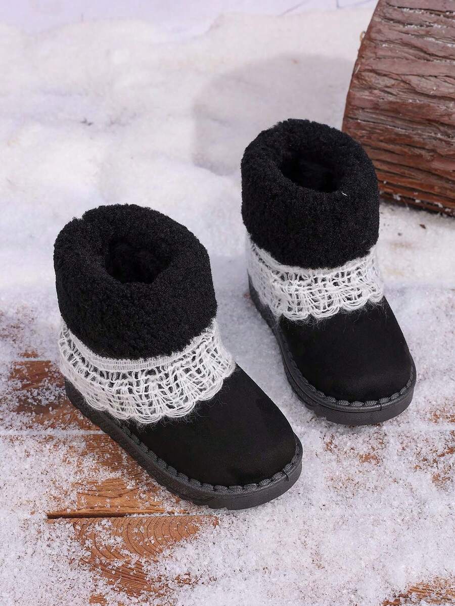 1 Pair Winter Girls Ankle Boots, Plush Lace Soft Sole Children's Shoes - Black - View 1