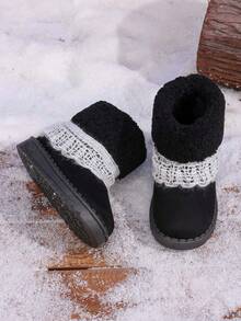 1 Pair Winter Girls Ankle Boots, Plush Lace Soft Sole Children's Shoes - Black - View 7