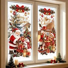 1/6pcs Christmas Window Cling, Static Cling, Reusable, For Living Room Window, Santa Snowman Nutcracker Bear Gift Print, Holiday Window Decor - Christmas Window Film - View 2