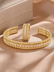 rakol 2pcs Fashion Cubic Zirconia Asymmetrical Decor Ring & Bracelet Set - Double-row Round Edge - View 1