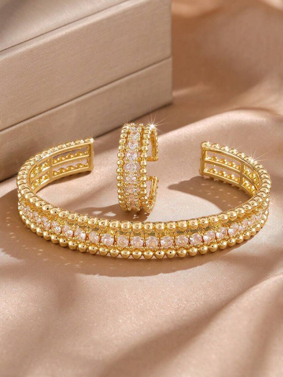rakol 2pcs Fashion Cubic Zirconia Asymmetrical Decor Ring & Bracelet Set - Double-row Round Edge - View 1