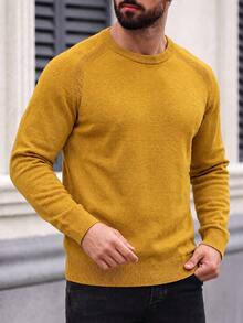 Men's Solid Color Raglan Knit Sweater, Minimalist Textured Crew Neck Long Sleeve Slightly Loose Fit Pullover Base Layer Top For Autumn/Winter - Yellow - View 6