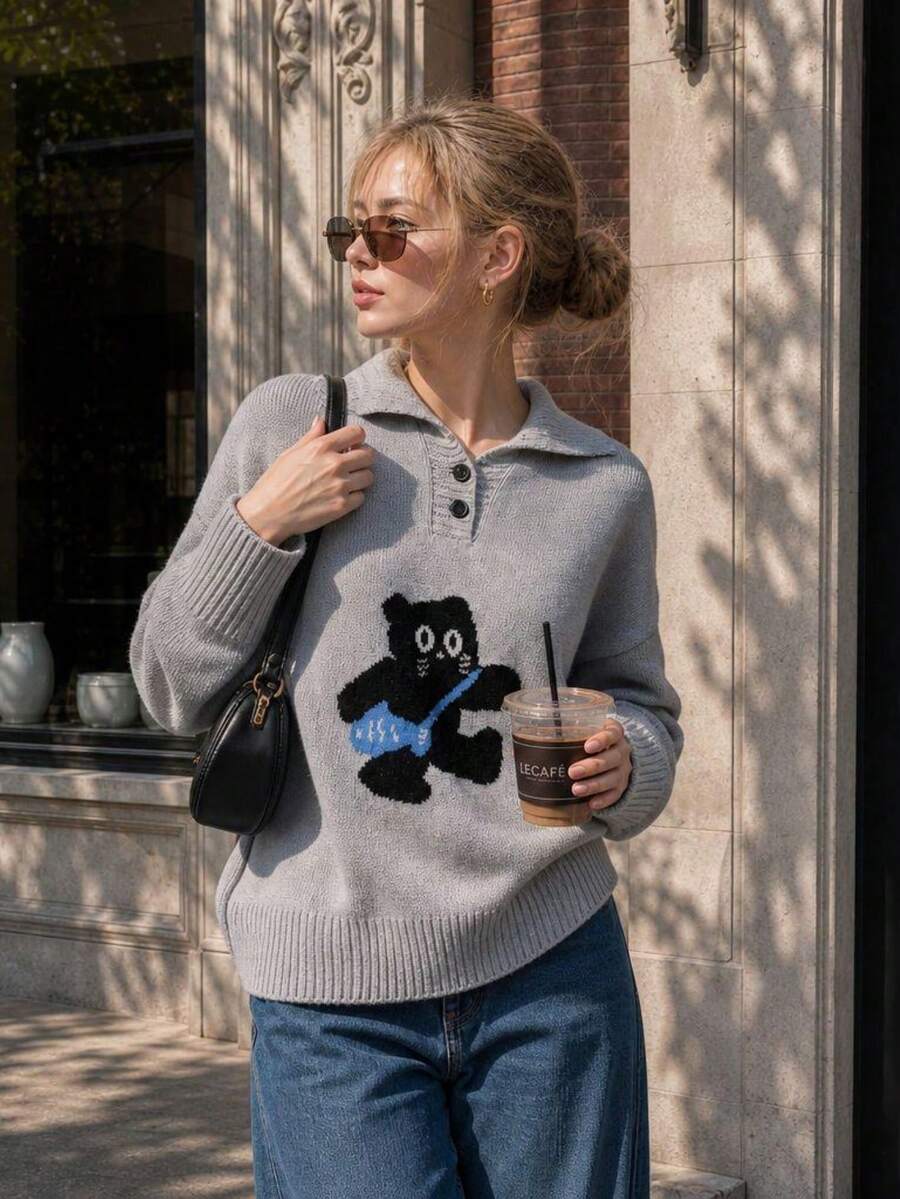 Autumn Polo Collar Cartoon Cat Pattern Knit Sweater, Thanksgiving Outfit, Suitable For Weekend Campus Daily Dating And Casual Outings - Grey - View 1