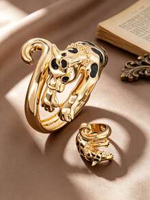 Letingsha Leopard Print Bracelet And Open Ring Set, Gold-Plated Black Enamel Spotted 3D Animal Design, Adjustable Fashion Jewelry Set, Suitable For Women's Banquet, Party And Daily Wear - Yellow Gold - View 7