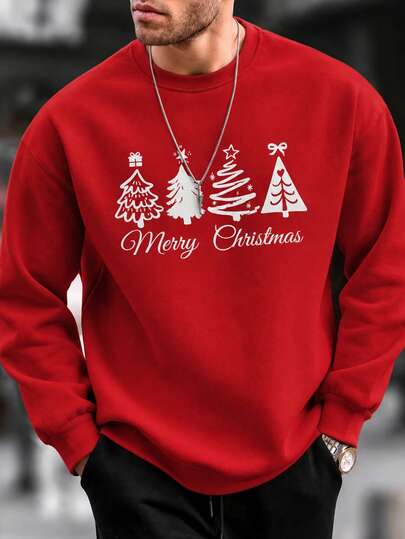 Sudadera holgada de cuello redondo para hombre FRACTYR, estilo casual navideño, con estampado de árbol de Navidad dibujado a mano y eslogan "Merry Christmas"