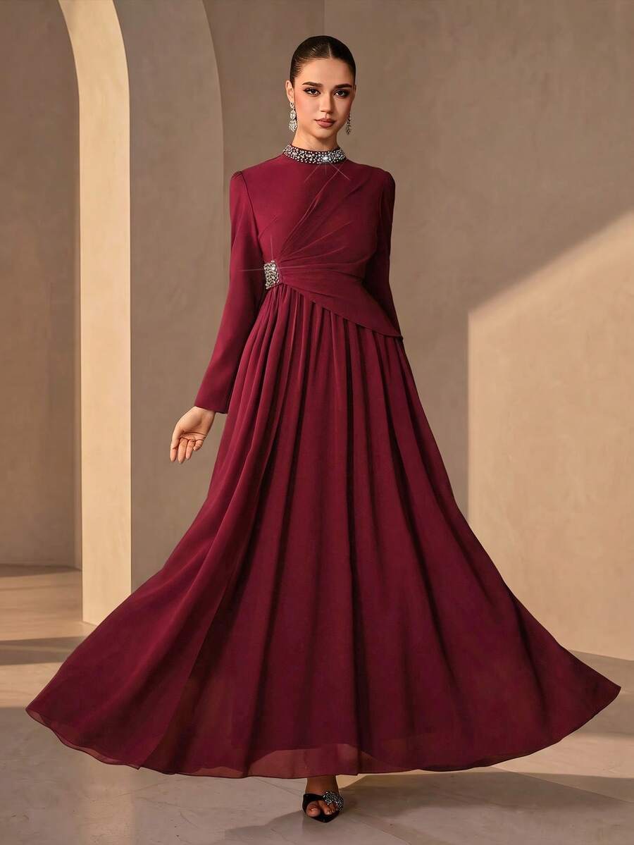 Elegant Women's Burgundy Formal Dress With Beaded Stand Collar, Long Sleeves And Flared Hem, Suitable For Charming Evening Events - Burgundy - View 1