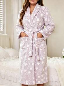 Plus Size Women's V-Neck Long Sleeve Flannel Thickened Robe, Autumn/Winter Casual Heart Pattern With Belt, Long Robe Loungewear - Grey - View 4
